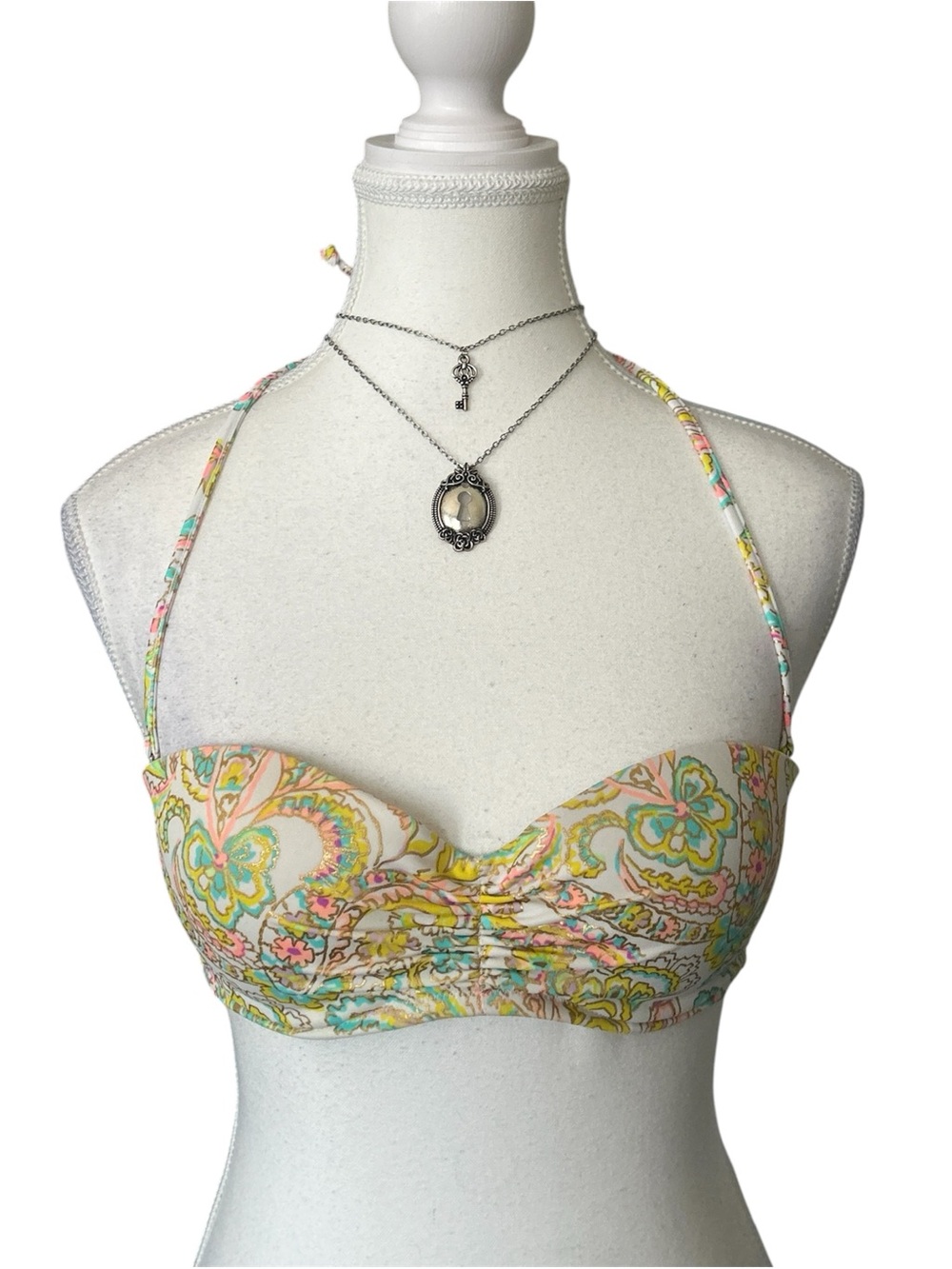 Y2K “Victoria’s Secret” White and Yellow/Pink Paisley Print Push-up Bikini Top
